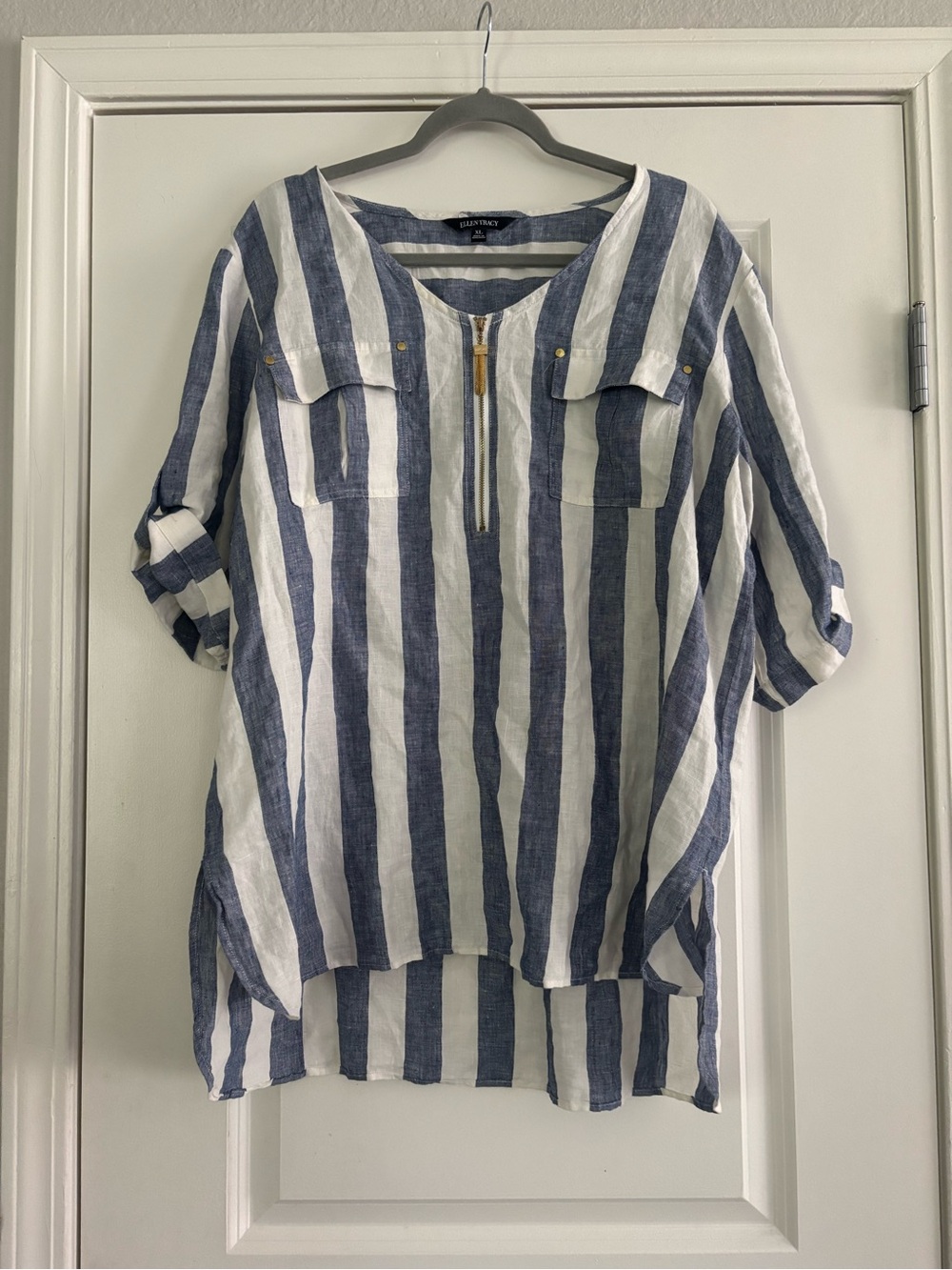 Ellen Tracy Striped 100% Linen Tunic Shirt with Front Zip Size XL